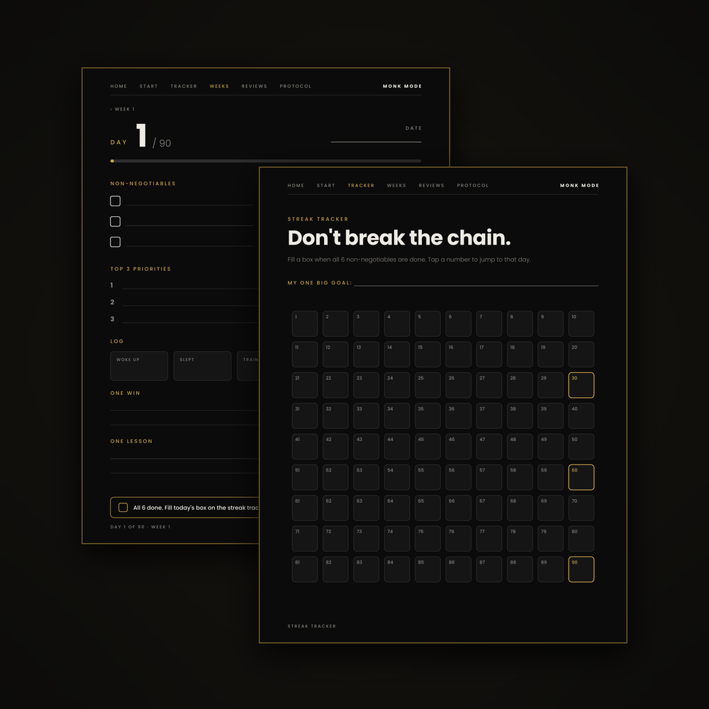 Daily check-in page and the 90-day streak tracker