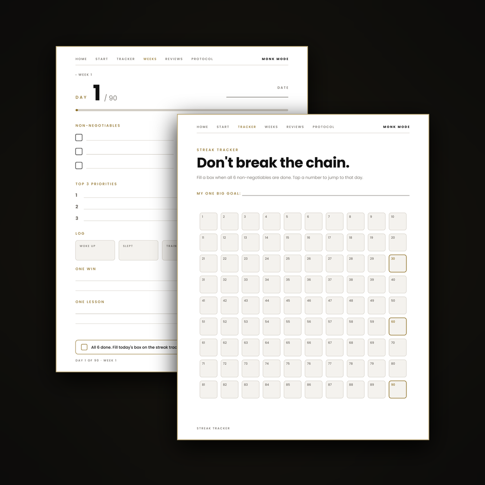 Printable version of the Monk Mode 90-Day Challenge